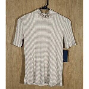 Rachel Roy Mock Neck Top Tan White Stripes Stretch Beachy Women's Sz Sm NWT